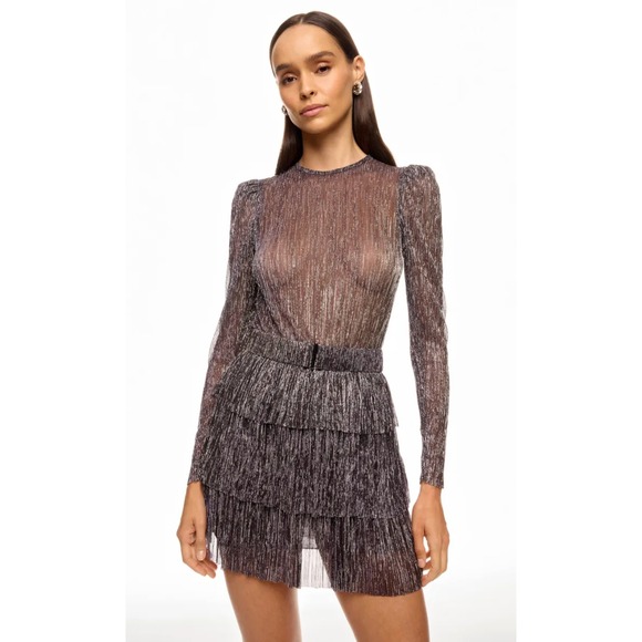 Sabina Musayev Dress Womens S Purple Metallic Plisse Tier Mini Cocktail REVOLVE